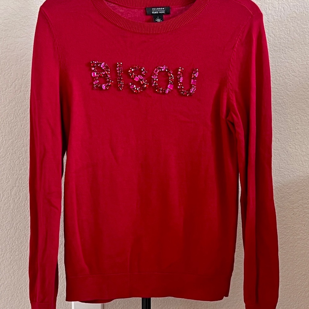 Halogen Red Sweater with Embellished 'BISOU'